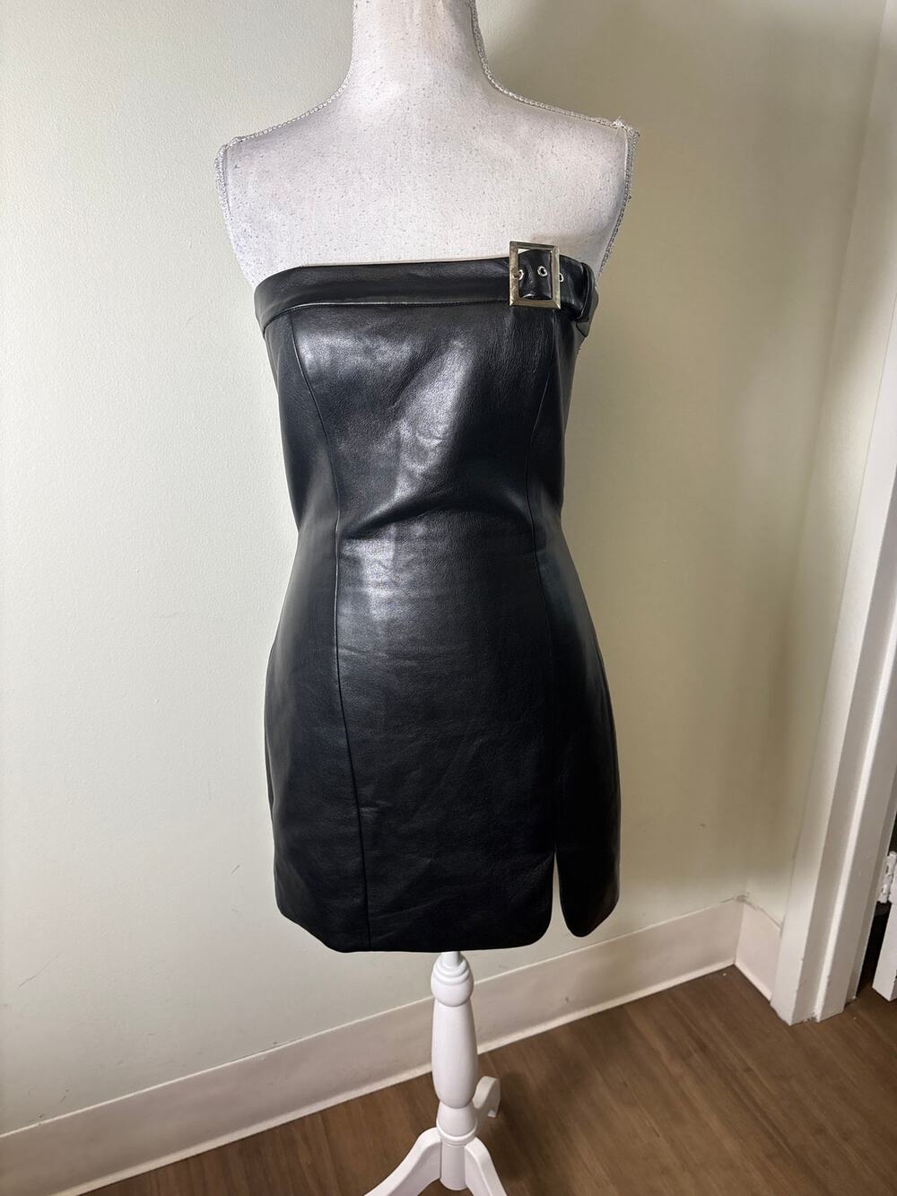 Amanda Uprichard Black Faux Leather Buckle Mini Dress Sz S
